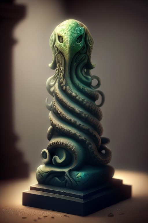 <lora:cthulhuTECH_r1_e15:1> cthulhutech statuette with _ in a museum, soft lighting, high detail, high quality